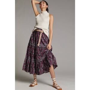 ANTHROPOLOGIE the Coralia Tiered Midi Skirt in Burgundy Floral Print Size Small